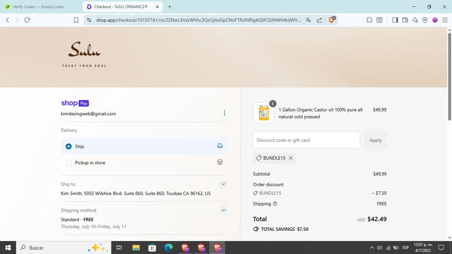 Sulu Organics discount code screenshot showing code BUNDLE15 applied at Sulu Organics checkout page. Uploaded by SimplyCodes community member Kim_michi on Jul 4, 2025