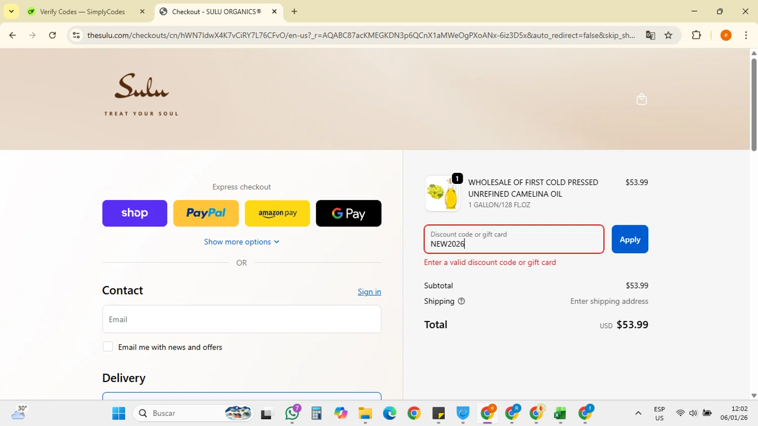 Sulu Organics discount code screenshot showing code NEW2026 applied at Sulu Organics checkout page. Uploaded by SimplyCodes community member RebateSpotter7205 on Jan 6, 2026