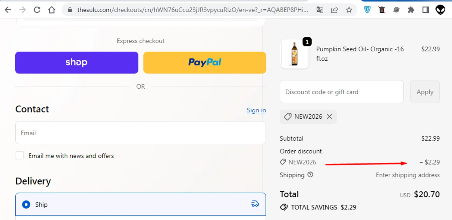 Sulu Organics discount code screenshot showing code NEW2026 applied at Sulu Organics checkout page. Uploaded by SimplyCodes community member EMILIANOMASABE on Jan 1, 2026