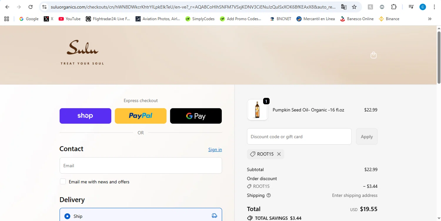 Sulu Organics discount code screenshot showing code ROOT15 applied at Sulu Organics checkout page. Uploaded by SimplyCodes community member victor on Jan 30, 2026