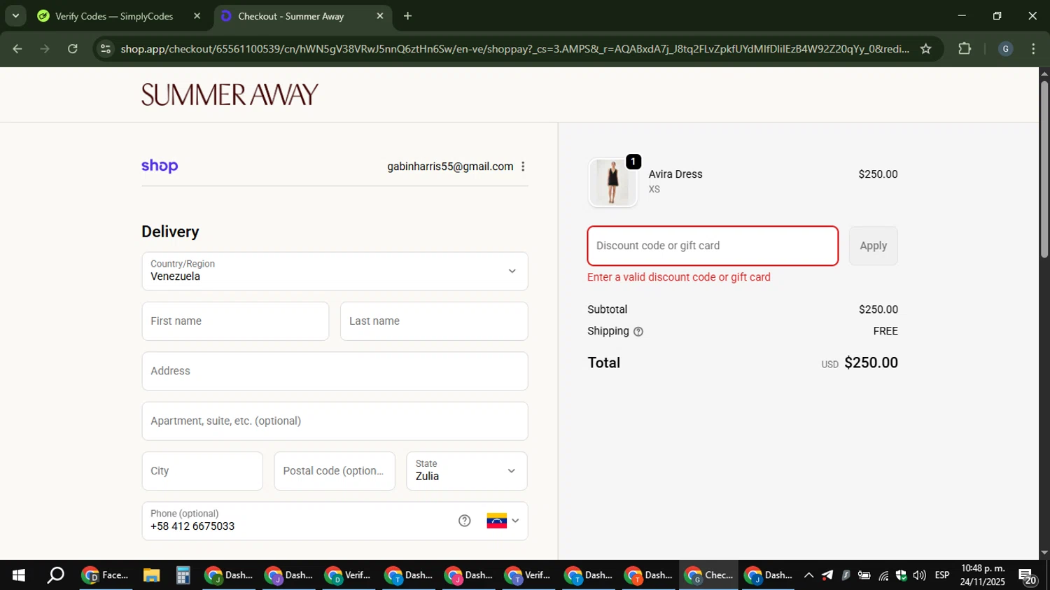 Summer Away promo code screenshot showing code WELCOMETOSUMMER applied at Summer Away checkout page. Uploaded by SimplyCodes community member gabinharris55 on Nov 25, 2025