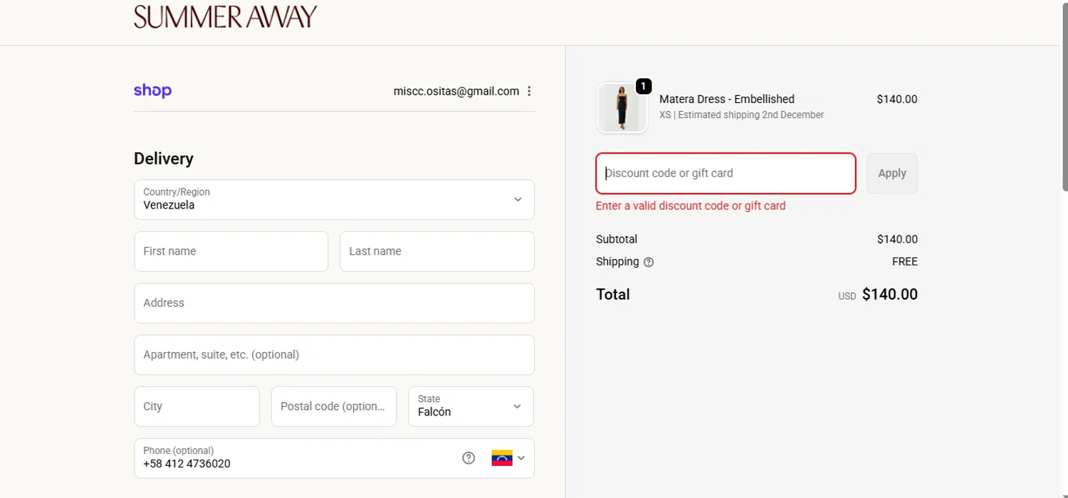 Summer Away promo code screenshot showing code WELCOMETOSUMMER applied at Summer Away checkout page. Uploaded by SimplyCodes community member negrita on Nov 25, 2025