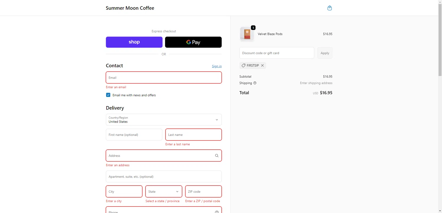 Summer Moon Coffee discount code screenshot showing code FIRSTSIP applied at Summer Moon Coffee checkout page. Uploaded by SimplyCodes community member CrownWhiz8114 on Dec 28, 2025