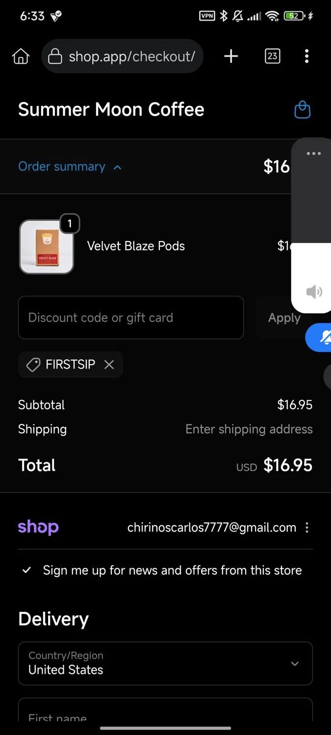 Summer Moon Coffee discount code screenshot showing code FIRSTSIP applied at Summer Moon Coffee checkout page. Uploaded by SimplyCodes community member Enmanuel17 on Oct 20, 2025