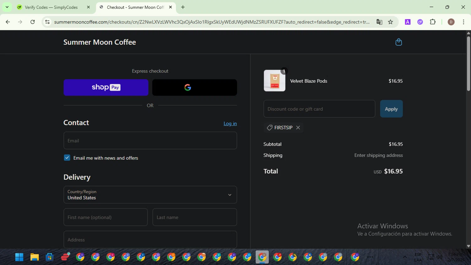 Summer Moon Coffee discount code screenshot showing code FIRSTSIP applied at Summer Moon Coffee checkout page. Uploaded by SimplyCodes community member NobleWarden6764 on Jul 2, 2025