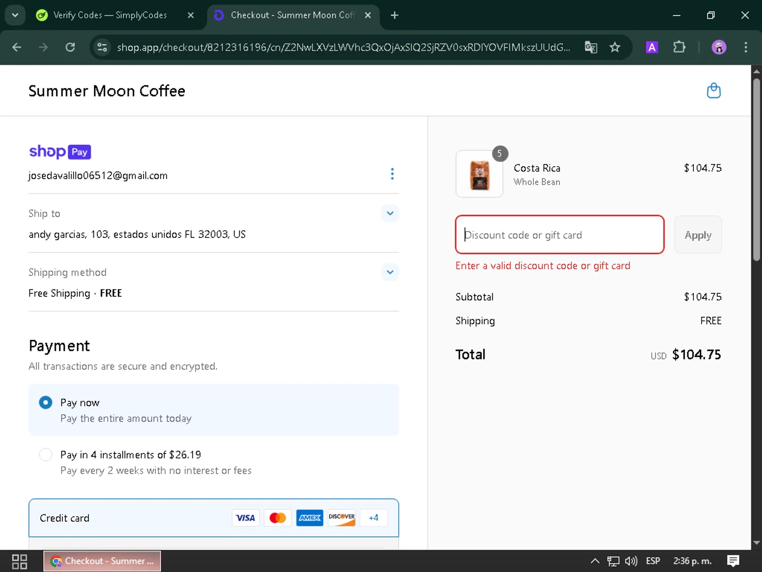 Summer Moon Coffee discount code screenshot showing code SERIOUSLY applied at Summer Moon Coffee checkout page. Uploaded by SimplyCodes community member ScanPhoenix3196 on May 1, 2025