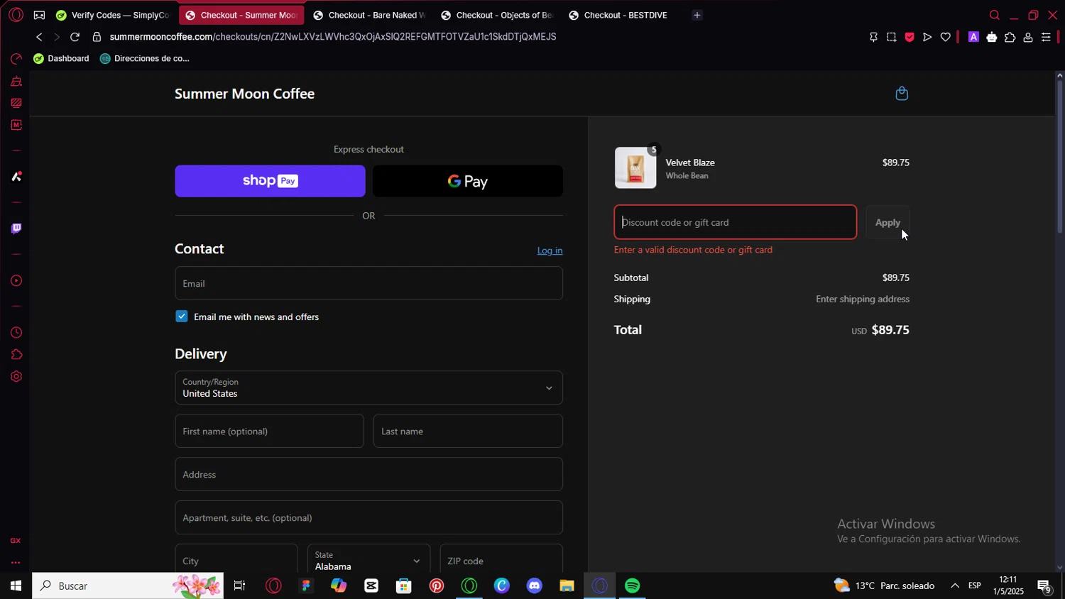 Summer Moon Coffee discount code screenshot showing code SERIOUSLY applied at Summer Moon Coffee checkout page. Uploaded by SimplyCodes community member PromoTitan6888 on May 1, 2025
