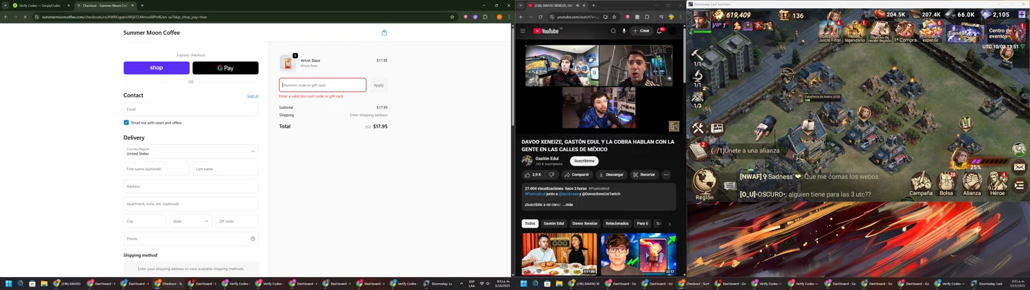 Summer Moon Coffee discount code screenshot showing code CoffeeDayShip applied at Summer Moon Coffee checkout page. Uploaded by SimplyCodes community member Davoxeneixe on Oct 3, 2025