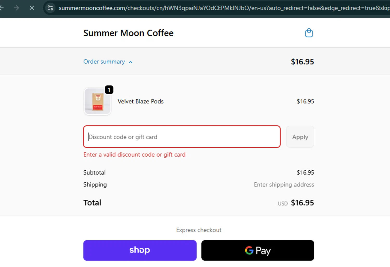 Summer Moon Coffee discount code screenshot showing code CoffeeDayShip applied at Summer Moon Coffee checkout page. Uploaded by SimplyCodes community member SwiftHunter4675 on Oct 3, 2025