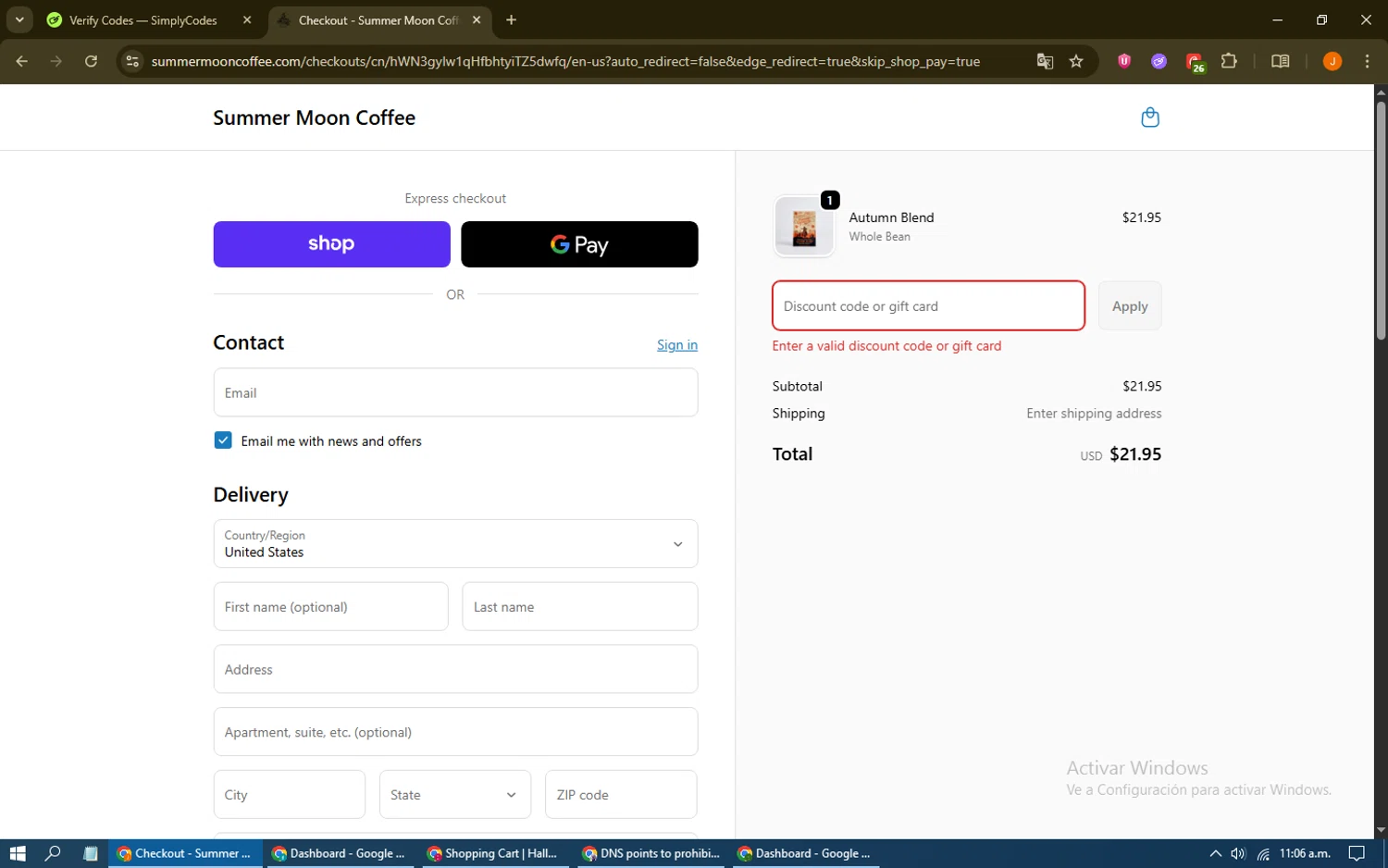 Summer Moon Coffee discount code screenshot showing code CoffeeDayShip applied at Summer Moon Coffee checkout page. Uploaded by SimplyCodes community member sayguanipa on Oct 3, 2025