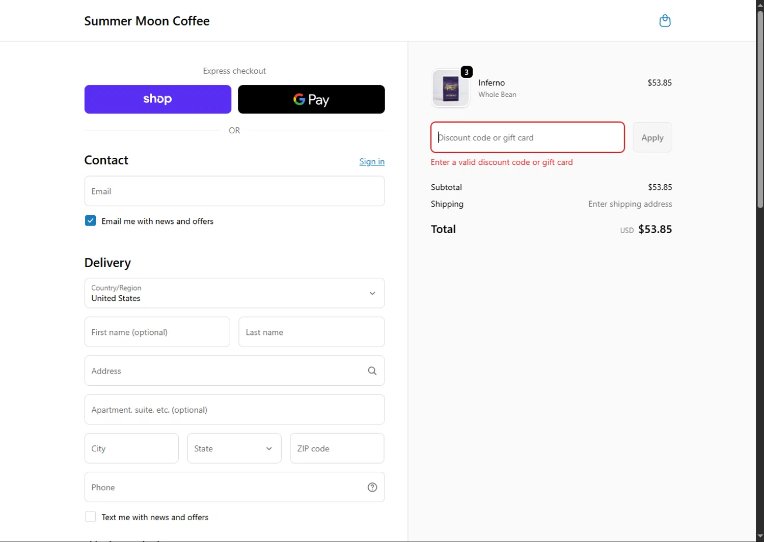 Summer Moon Coffee discount code screenshot showing code 15FOR15 applied at Summer Moon Coffee checkout page. Uploaded by SimplyCodes community member GoldPhoenix3793 on Nov 11, 2025