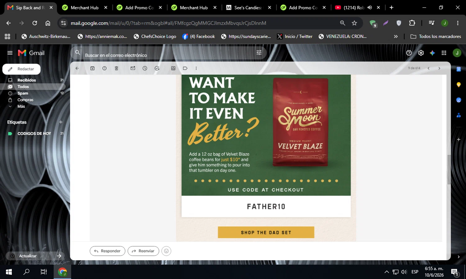 Summer Moon Coffee promo code screenshot showing code FATHER10 applied at Summer Moon Coffee checkout page. Uploaded by SimplyCodes community member Codehunter on Jun 10, 2026