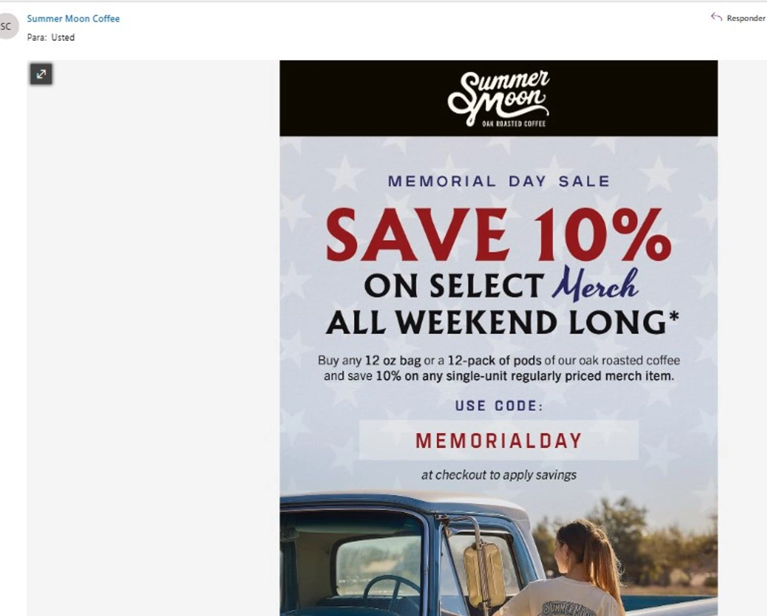 Summer Moon Coffee promo code screenshot showing code MEMORIALDAY applied at Summer Moon Coffee checkout page. Uploaded by SimplyCodes community member angelfigueroa2008 on May 23, 2026