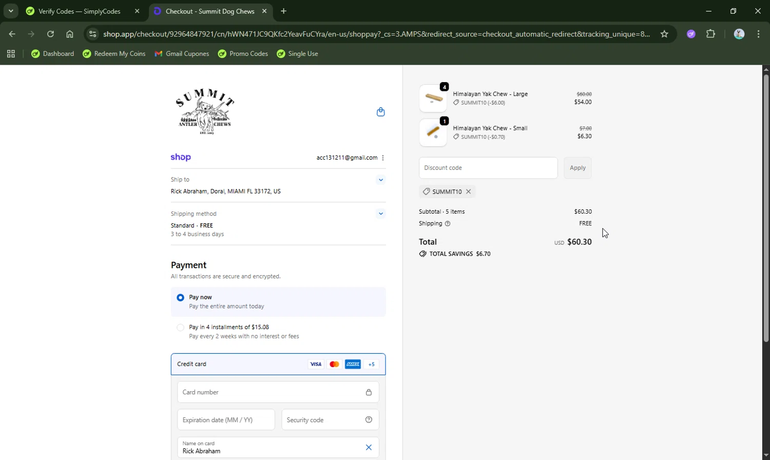Summit Dog Chews promo code screenshot showing code SUMMIT10 applied at Summit Dog Chews checkout page. Uploaded by SimplyCodes community member LHaunter2 on Oct 14, 2025