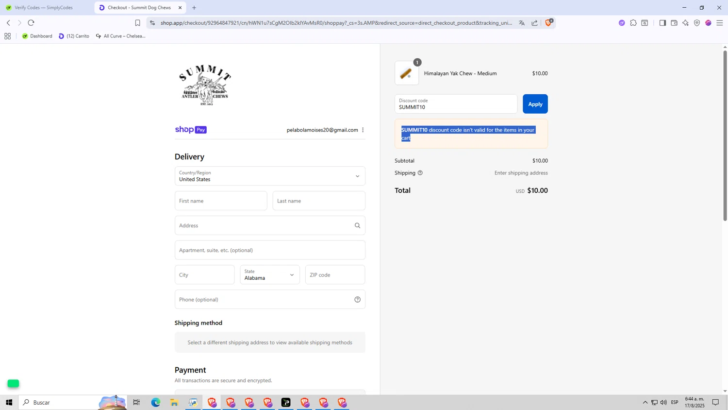 Summit Dog Chews promo code screenshot showing code SUMMIT10 applied at Summit Dog Chews checkout page. Uploaded by SimplyCodes community member CHAMBAAAalas3AM on Aug 17, 2025