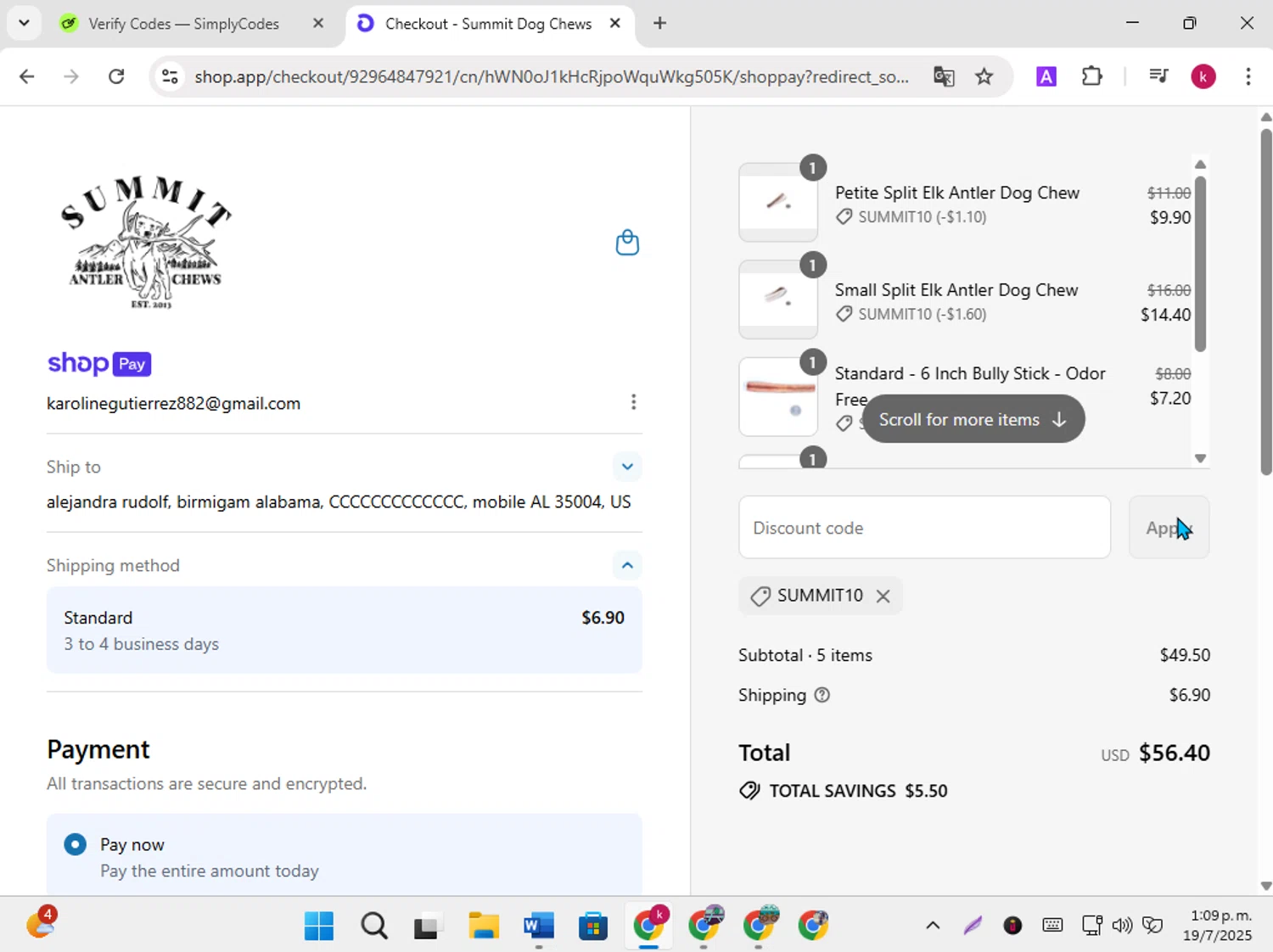 Summit Dog Chews promo code screenshot showing code SUMMIT10 applied at Summit Dog Chews checkout page. Uploaded by SimplyCodes community member karoline on Jul 19, 2025