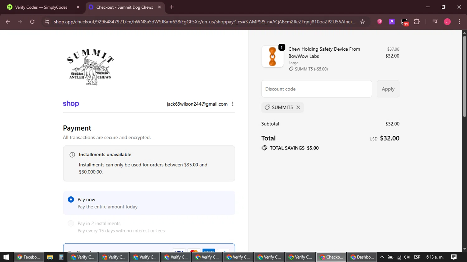 Summit Dog Chews checkout page showing Summit Dog Chews promo code box | Screenshot taken by SimplyCodes community member on Feb 9, 2026