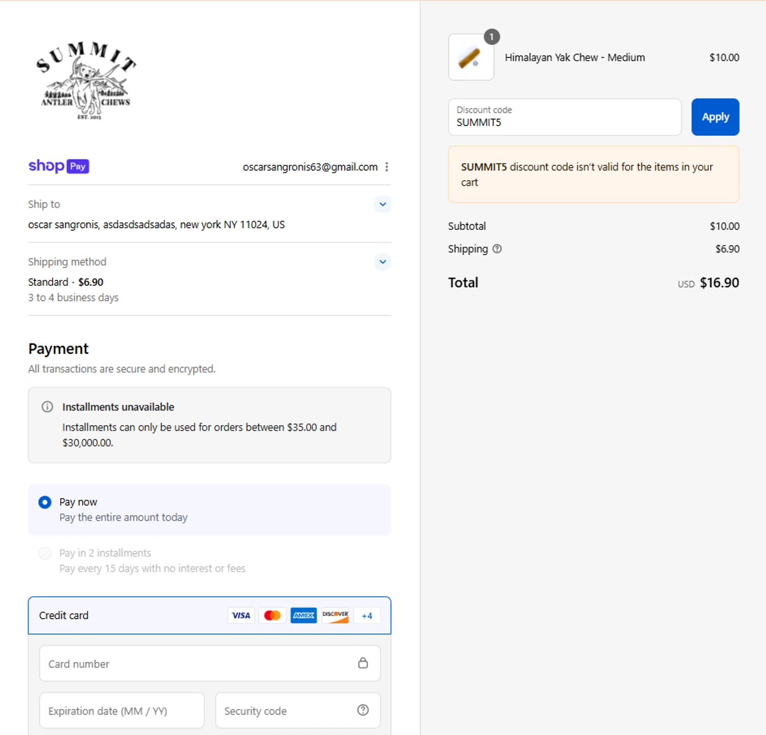 Summit Dog Chews promo code screenshot showing code SUMMIT5 applied at Summit Dog Chews checkout page. Uploaded by SimplyCodes community member La_Cara_Mia on Aug 18, 2025