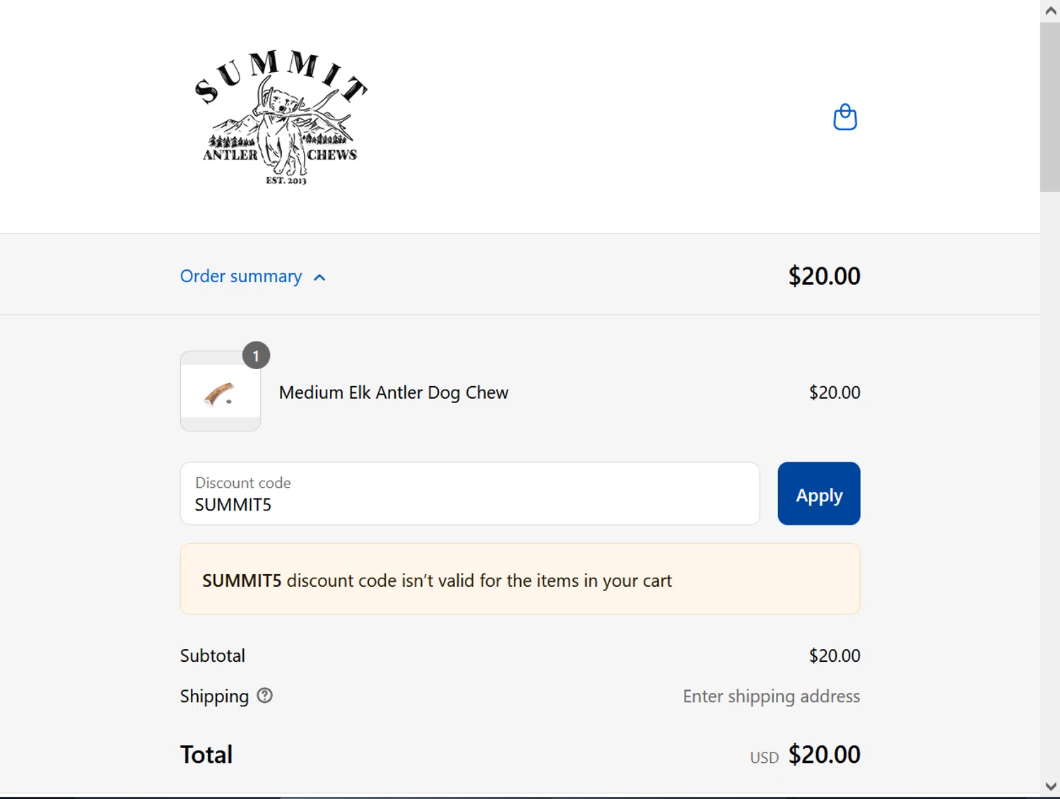 Summit Dog Chews promo code screenshot showing code SUMMIT5 applied at Summit Dog Chews checkout page. Uploaded by SimplyCodes community member ValiantLion5897 on Sep 16, 2025