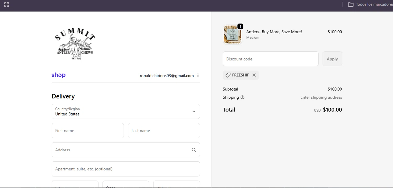 Summit Dog Chews promo code screenshot showing code FREESHIP applied at Summit Dog Chews checkout page. Uploaded by SimplyCodes community member Egni_149037891 on Feb 9, 2026