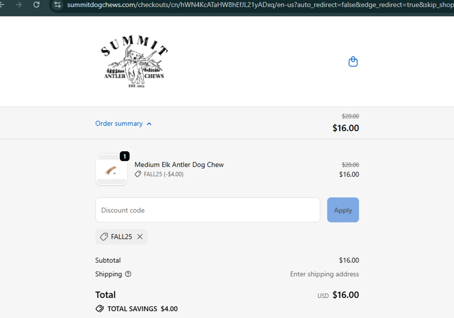 Summit Dog Chews promo code screenshot showing code FALL25 applied at Summit Dog Chews checkout page. Uploaded by SimplyCodes community member SwiftHunter4675 on Oct 20, 2025