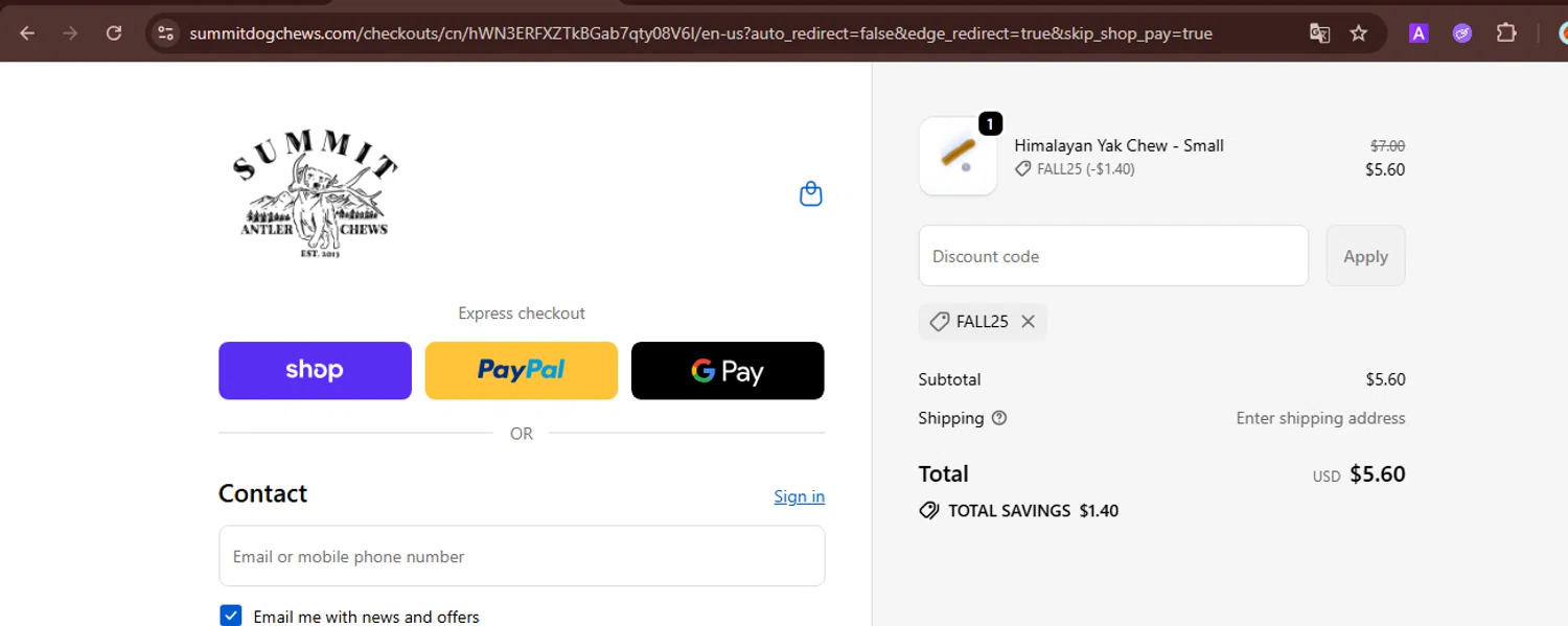 Summit Dog Chews promo code screenshot showing code FALL25 applied at Summit Dog Chews checkout page. Uploaded by SimplyCodes community member TreasureScout5082 on Sep 21, 2025