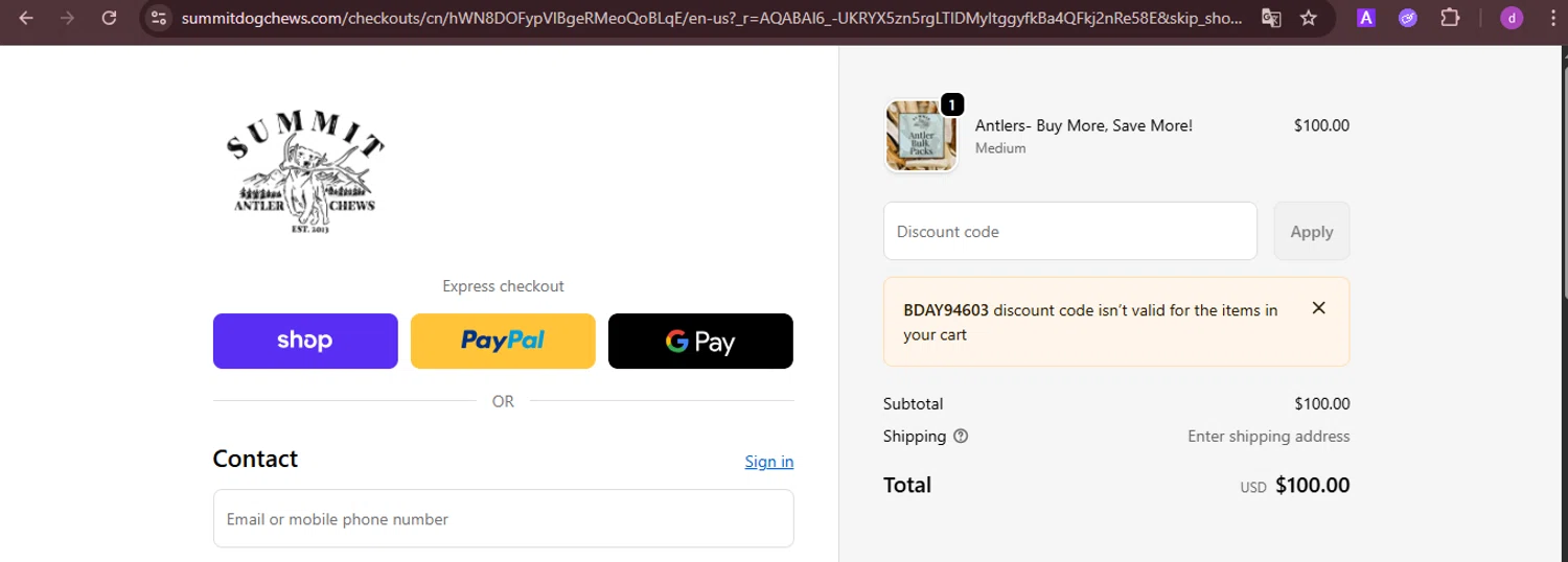 Summit Dog Chews checkout page showing Summit Dog Chews promo code box | Screenshot taken by SimplyCodes community member on Jan 30, 2026