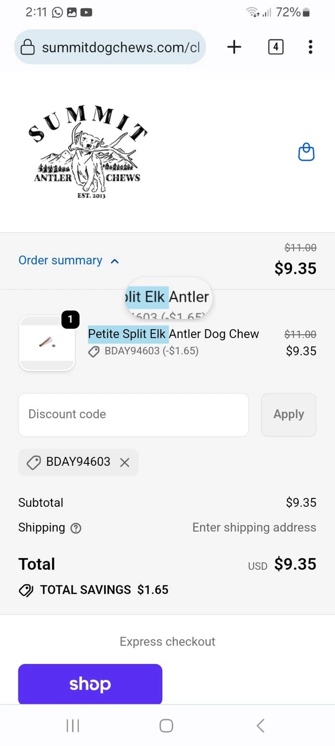 Summit Dog Chews promo code screenshot showing code BDAY94603 applied at Summit Dog Chews checkout page. Uploaded by SimplyCodes community member ScanMaverick9378 on Jan 30, 2026