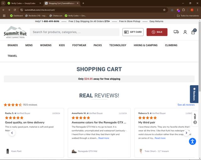 Summit Hut checkout page showing Summit Hut coupon code box | Screenshot taken by SimplyCodes community member on Nov 17, 2024