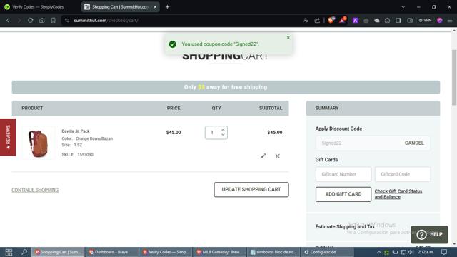 Summit Hut checkout page showing Summit Hut coupon code box | Screenshot taken by SimplyCodes community member on May 7, 2024