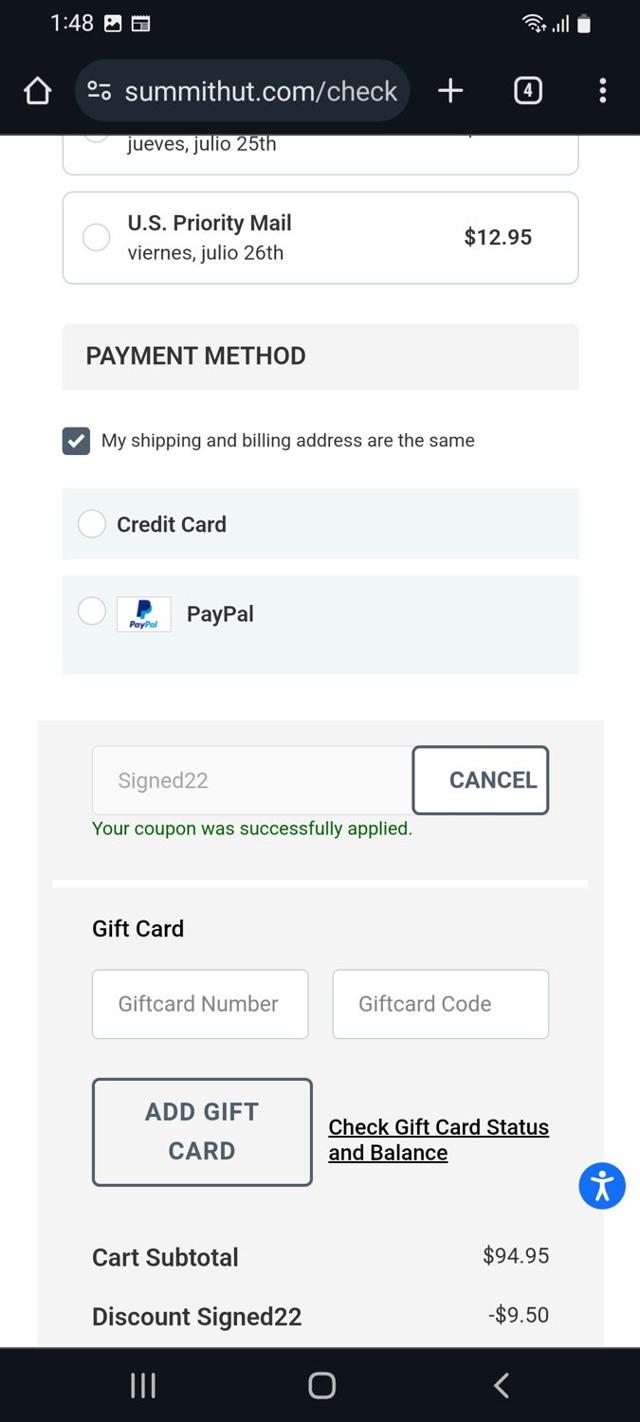 Summit Hut checkout page showing Summit Hut coupon code box | Screenshot taken by SimplyCodes community member on Jul 24, 2024