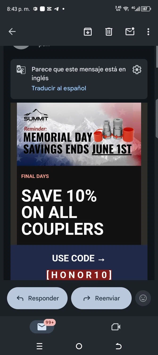 Summit Hydraulics promo code screenshot showing code Honor10 applied at Summit Hydraulics checkout page. Uploaded by SimplyCodes community member kellymoreno on May 28, 2026