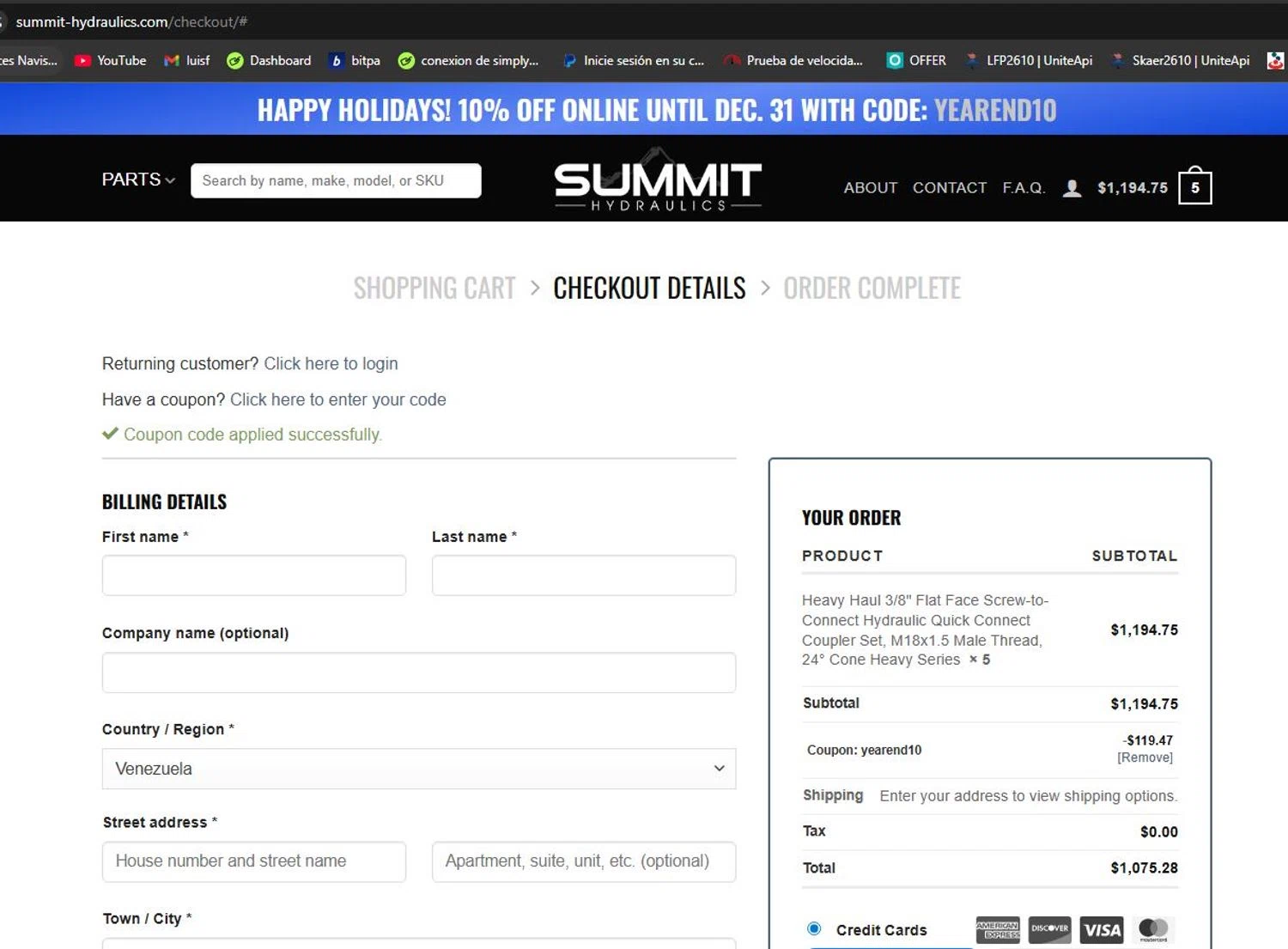 Summit Hydraulics promo code screenshot showing code YEAREND10 applied at Summit Hydraulics checkout page. Uploaded by SimplyCodes community member lfppernia on Dec 3, 2025