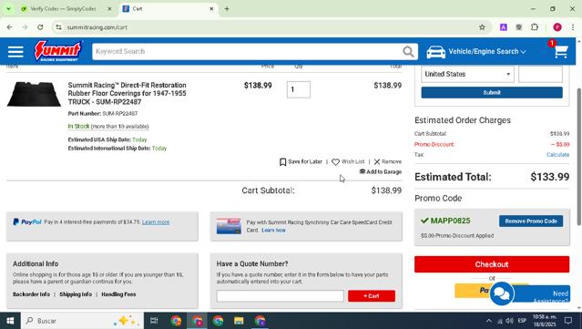 Summit Racing Equipment checkout page showing Summit Racing Equipment promo code box | Screenshot taken by SimplyCodes community member on Aug 18, 2025