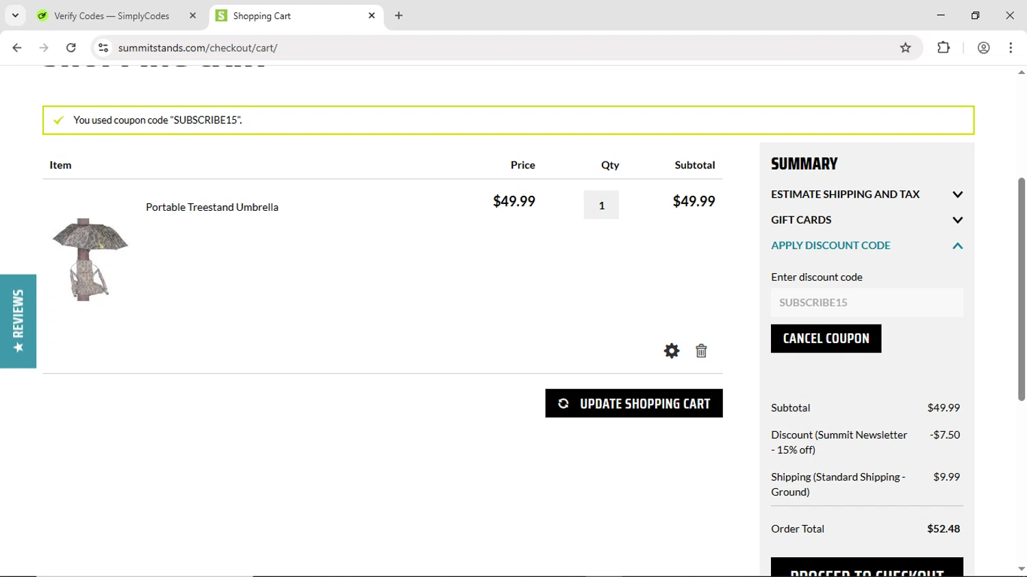Summit Treestands promo code screenshot showing code SUBSCRIBE15 applied at Summit Treestands checkout page. Uploaded by SimplyCodes community member DiscountScout1646 on Jul 13, 2025