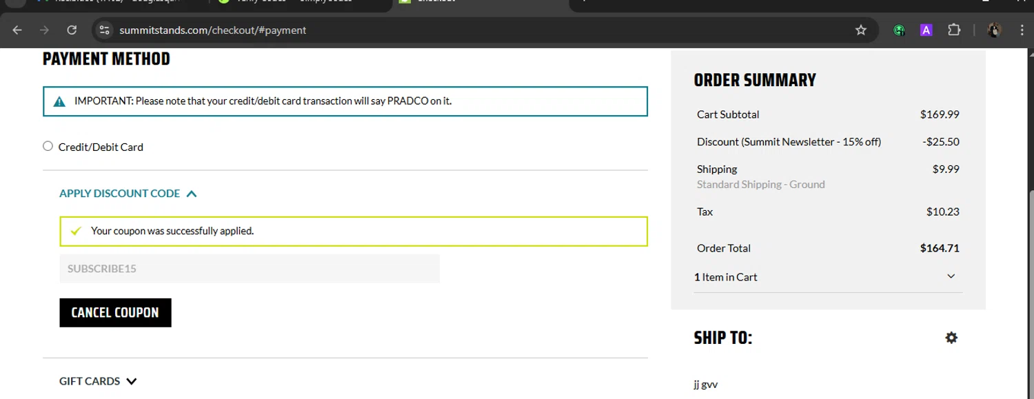 Summit Treestands promo code screenshot showing code SUBSCRIBE15 applied at Summit Treestands checkout page. Uploaded by SimplyCodes community member WiseLegend5590 on May 28, 2025