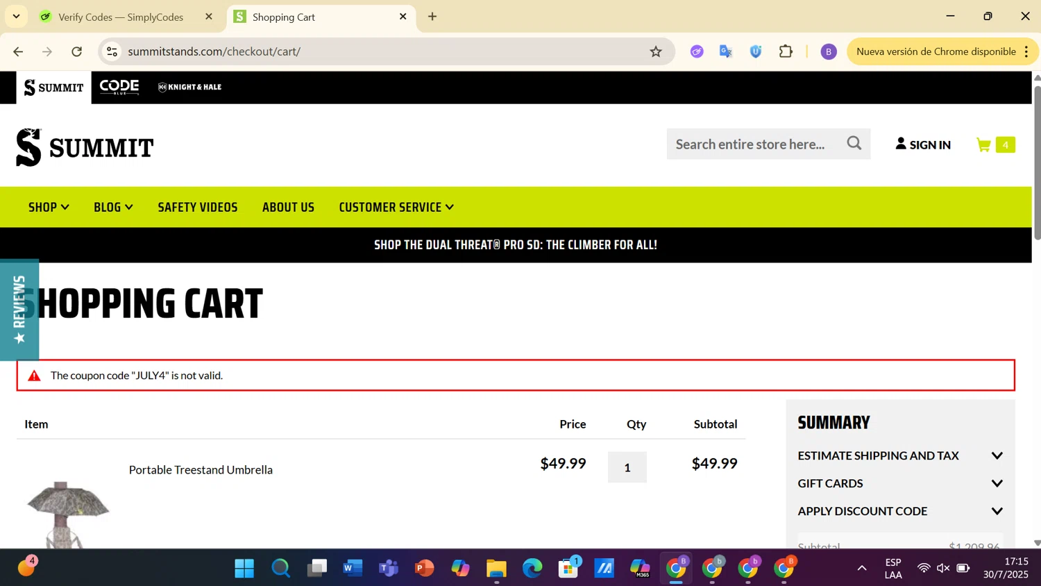 Summit Treestands promo code screenshot showing code JULY4 applied at Summit Treestands checkout page. Uploaded by SimplyCodes community member BargainCurator1325 on Jul 30, 2025