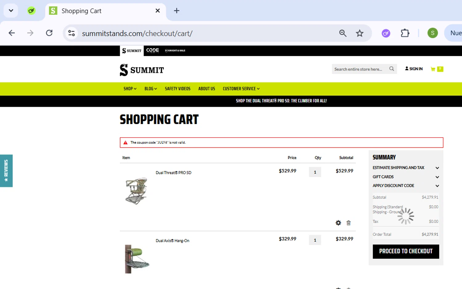 Summit Treestands promo code screenshot showing code JULY4 applied at Summit Treestands checkout page. Uploaded by SimplyCodes community member ExtraordinarySeeker9807 on Jul 30, 2025