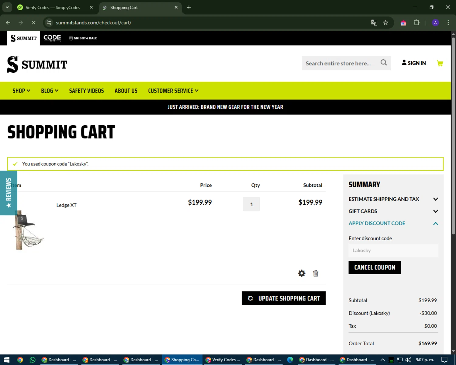 Summit Treestands promo code screenshot showing code Lakosky applied at Summit Treestands checkout page. Uploaded by SimplyCodes community member MagnificentWarden4603 on May 11, 2025