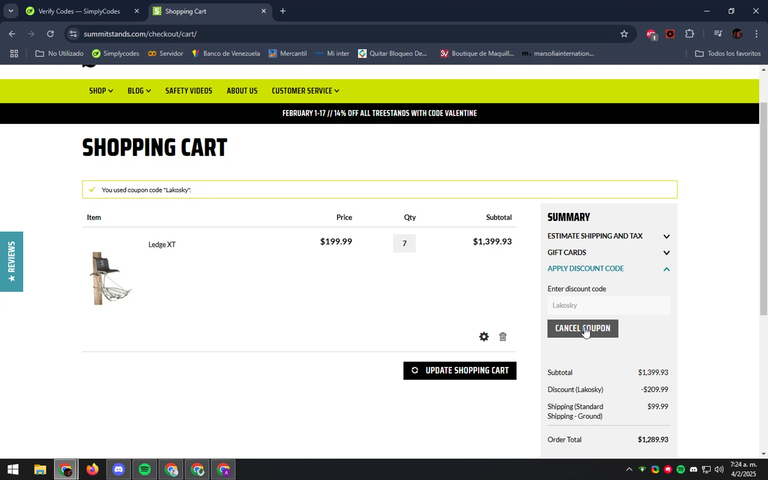 Summit Treestands promo code screenshot showing code Lakosky applied at Summit Treestands checkout page. Uploaded by SimplyCodes community member DealEagle493 on Feb 4, 2025