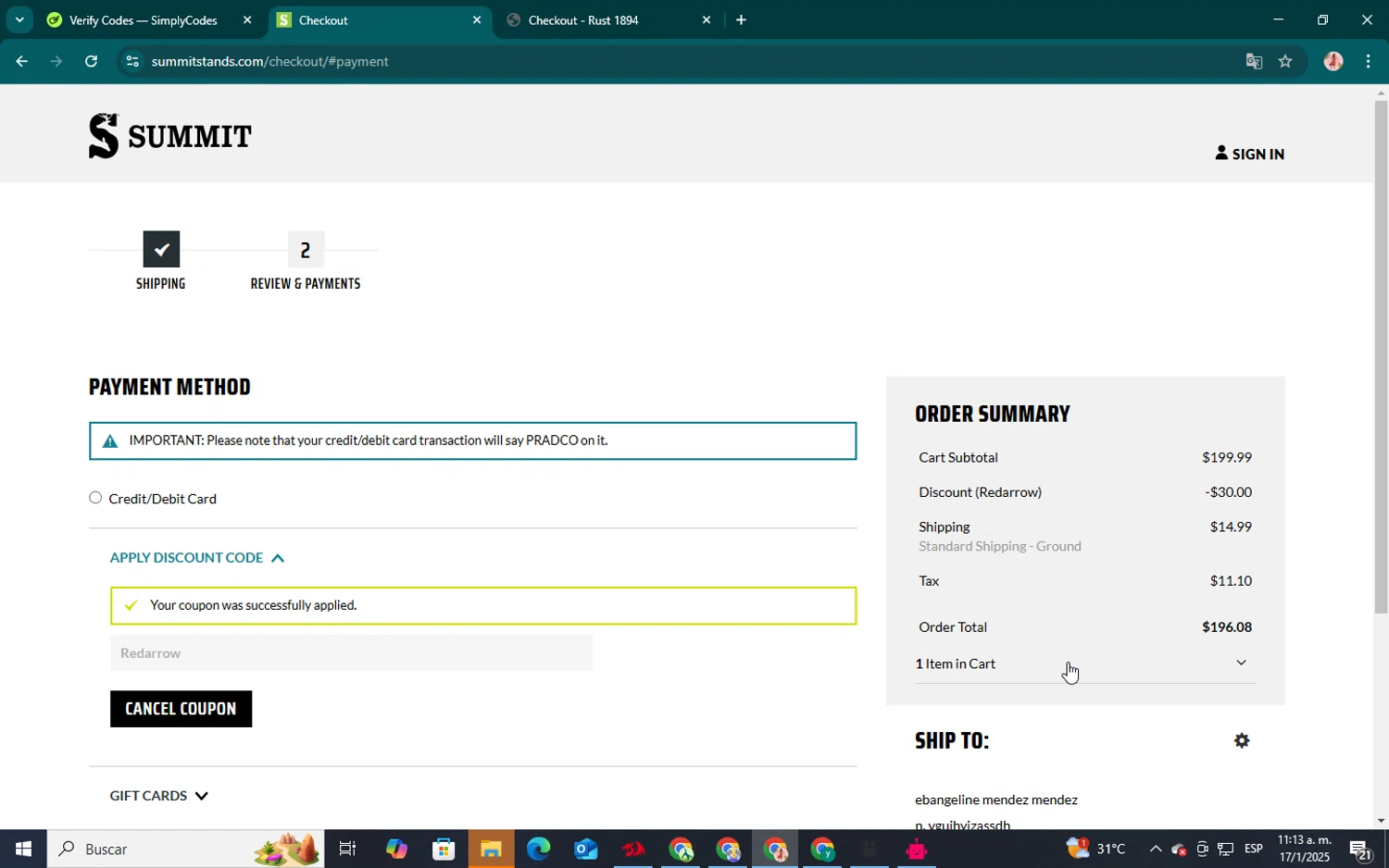 Summit Treestands promo code screenshot showing code Redarrow applied at Summit Treestands checkout page. Uploaded by SimplyCodes community member jenifer on Jan 17, 2025