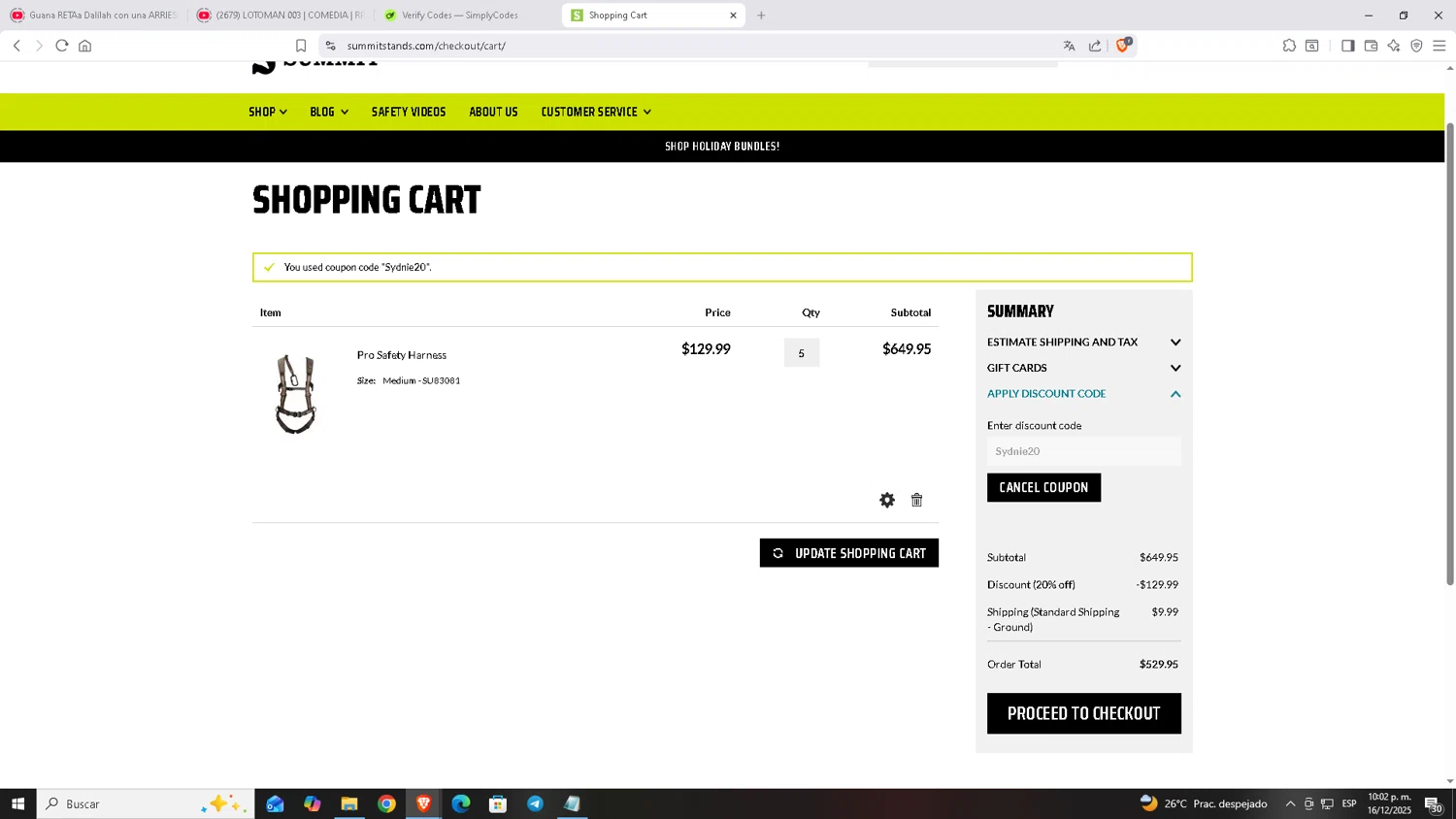Summit Treestands promo code screenshot showing code Sydnie20 applied at Summit Treestands checkout page. Uploaded by SimplyCodes community member Carloscoder_900457733 on Dec 17, 2025