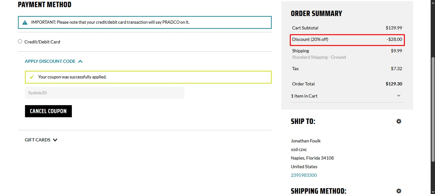 Summit Treestands promo code screenshot showing code Sydnie20 applied at Summit Treestands checkout page. Uploaded by SimplyCodes community member noworries on Aug 22, 2025