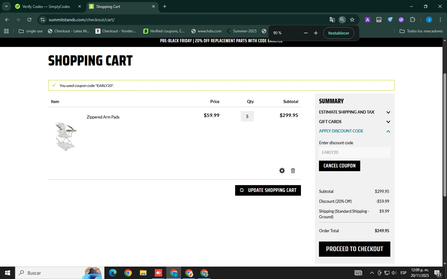 Summit Treestands checkout page showing Summit Treestands promo code box | Screenshot taken by SimplyCodes community member on Nov 20, 2025
