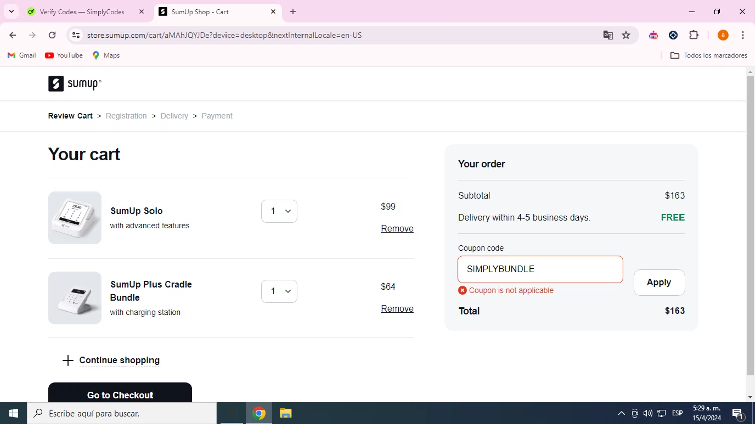 SumUp checkout page showing SumUp discount code box | Screenshot taken by SimplyCodes community member on Apr 15, 2024