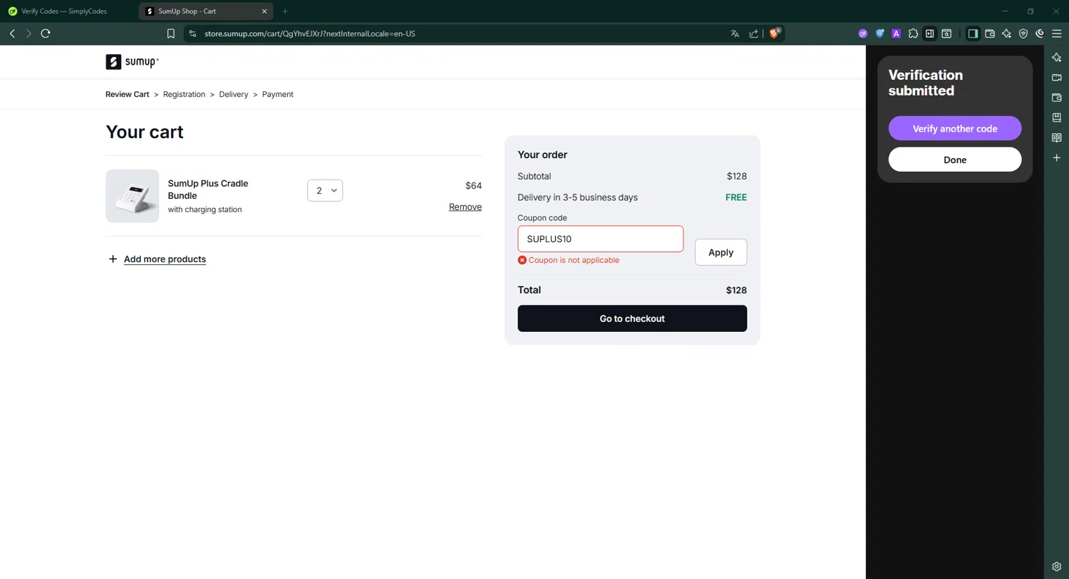 SumUp discount code screenshot showing code SUPLUS10 applied at SumUp checkout page. Uploaded by SimplyCodes community member Angel14 on Aug 24, 2025