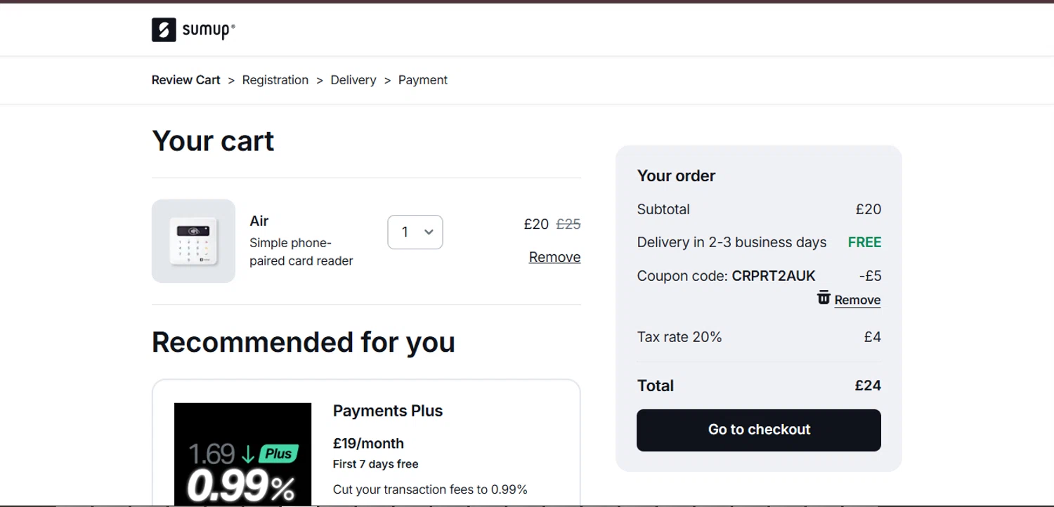 SumUp discount code screenshot showing code CRPRT2AUK applied at SumUp checkout page. Uploaded by SimplyCodes community member ValiantMaverick169 on Feb 23, 2026
