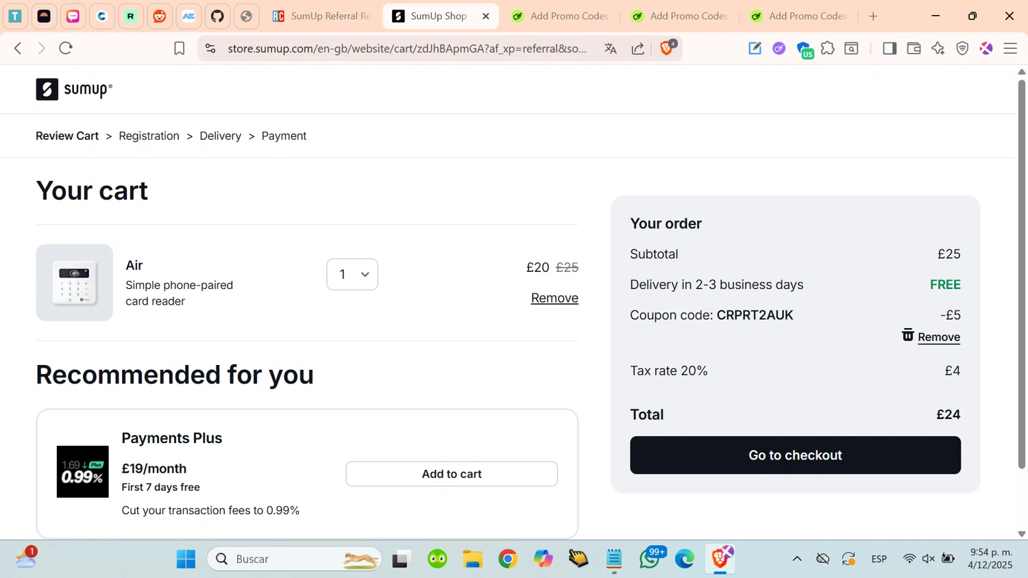 SumUp discount code screenshot showing code CRPRT2AUK applied at SumUp checkout page. Uploaded by SimplyCodes community member cosita on Dec 5, 2025