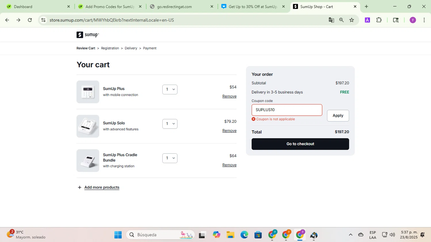 SumUp discount code screenshot showing code SUPLUS10 applied at SumUp checkout page. Uploaded by SimplyCodes community member yadicg054 on Aug 23, 2025
