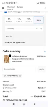 Javieramaro coupon verification screenshot